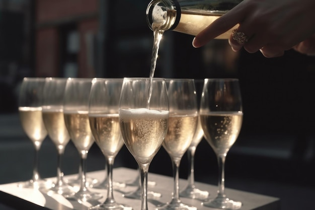 Verres de champagne sur le plateau du serveur lors d'une célébration festive en plein air Generative AI