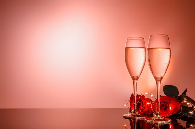 Verres à champagne, roses rouges devant fond beige rose. Composition de vacances Saint Valentin. Anniversaire, femme, concept de jour de mariage.