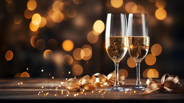 Des verres de champagne sur la table contre les lumières de fête floues