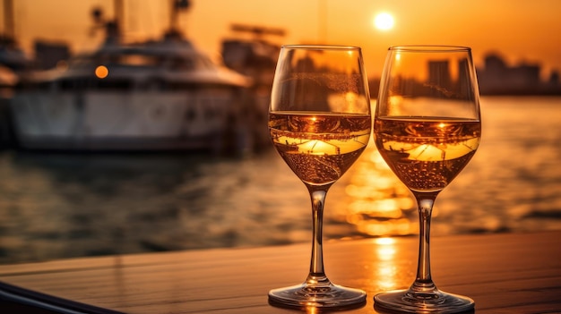 Verres à champagne sur une table sur un yacht au soleil couchant