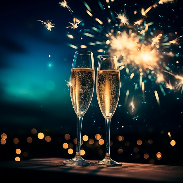 des verres de champagne en toast dans un ciel rempli de feux d'artifice pendant les festivités du Nouvel An