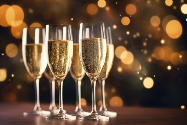 Photo des verres de champagne ou de vin mousseux à la fête du nouvel an. bonne année, concept d'ia générative.