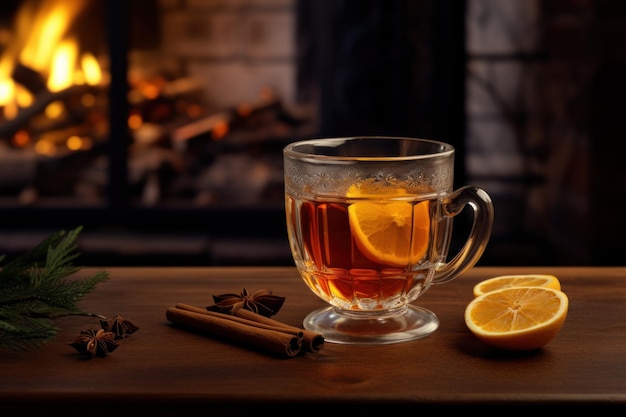 Des verres de cidre chaud sur le fond d'un feu de cheminée Cocktail de cidre épicé chaud chaud