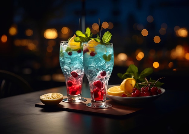 Des verres avec un cocktail d'alcool bleu et des tranches d'orange avec de la menthe et des canneberges sur la table