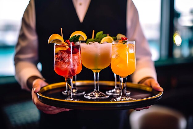 Photo verres à cocktail alcoolisés posés sur un plateau de serveur au bar