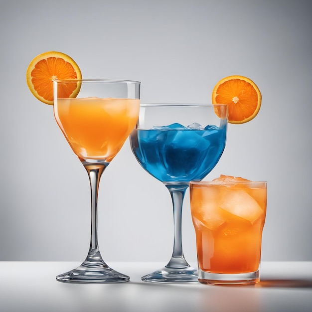 Des verres à cocktail avec des décorations de fruits sur un fond vide simple
