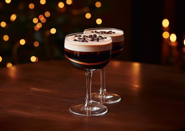 Des verres de cocktail espresso martini avec des grains de café sur une table de bar en bois