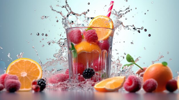 Photo verres de cocktail de fruits avec des glaçons et des fruits sur fond blanc ia générative