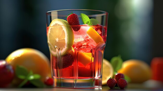 Photo verres de cocktail de fruits avec des glaçons et des fruits sur fond sombre ia générative