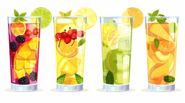 Verres de cocktail de fruits isolés sur fond blanc illustration moderne de boissons gazeuses sucrées à l'alcool de limonade avec des baies de mangue au citron et des feuilles de menthe pour les menus de fête