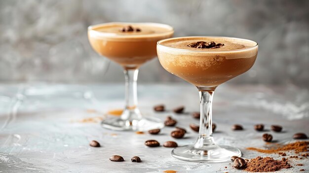 Photo des verres de cocktail remplis de chocolat avec un slushie d'espresso décongelé sur un marbre gris, deux beaux verres et de l'espace.