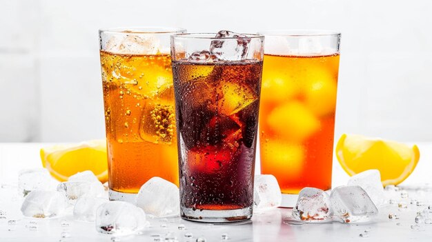 Des verres de cola et de soda d'orange et de limonade à l'eau gazeuse sur un fond blancGenerative Ai