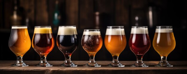 Verres avec différentes bières artisanales sur un bar sombre en bois Génératif ai