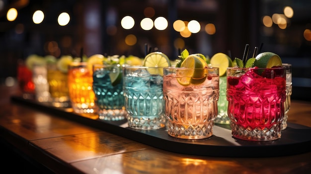 Des verres avec différents cocktails sur une barre en bois