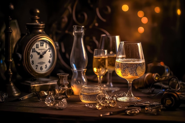 des verres avec du champagne et une horloge sur la table avec des décorations de Noël la veille du Nouvel An IA générative