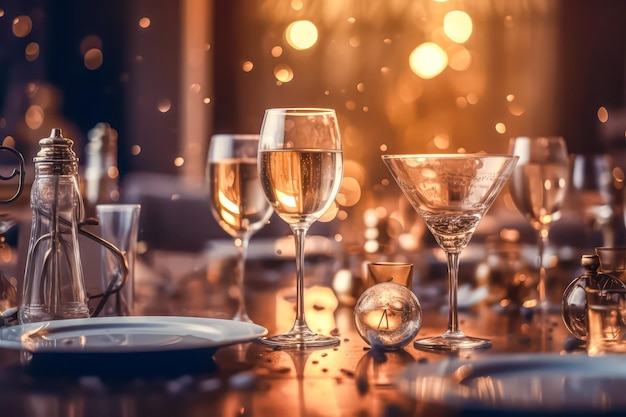 des verres avec du champagne sur la table avec des décorations de Noël avec une guirlande générative d'IA