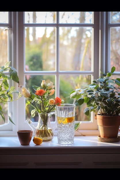 Verres d'eau avec des fruits devant une fenêtre Juises