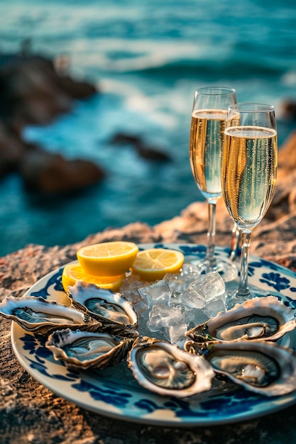 Photo des verres d'huîtres avec du vin sur le rivage focus sélectif