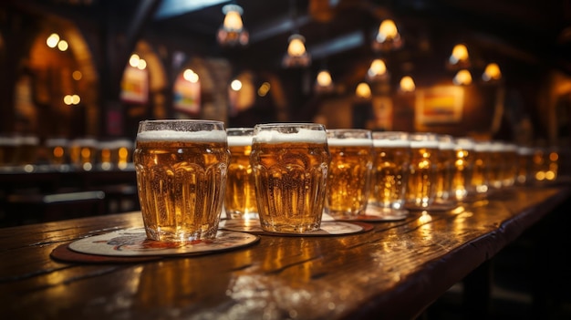 Photo des verres humides brillants pleins de bière avec de la mousse sur une table de bar