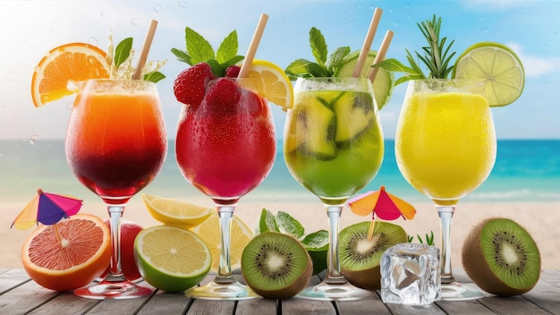 Des verres de jus vibrants et des fruits tropicaux