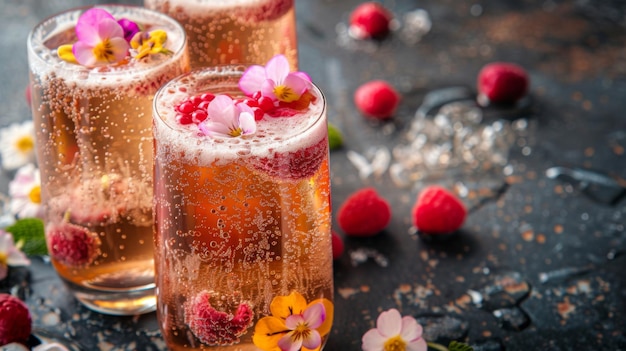 Des verres de kombucha avec des fleurs et des baies comestibles sur l'ardoise