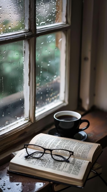 Des verres de livre et du café noir sur un seuil de fenêtre pluvieux atmosphère de mauvaise humeur