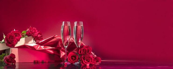 Verres de luxe avec boîte ouverte de vin mousseux avec brocart pailleté entouré