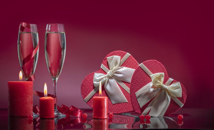 Verres luxueux à vin mousseux et coffrets cadeaux en forme de cœur avec nœuds en satin