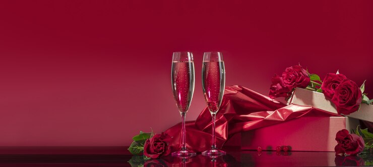 Verres luxueux à vin mousseux et coffrets cadeaux en forme de cœur avec nœuds en satin