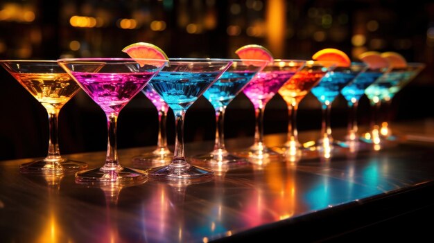 des verres à martini colorés sur le bar