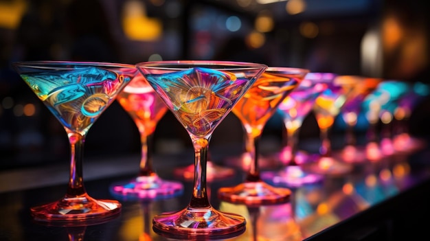 des verres à martini colorés sur le bar