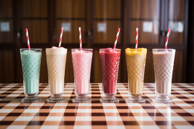 Verres à milkshake classiques alignés sur un sol en damier créé avec une IA générative