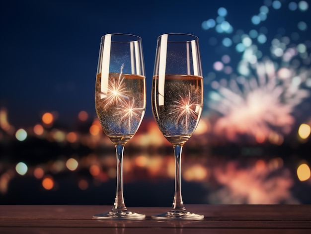 verres multicolores avec du champagne sur le fond de beaux feux d'artifice photo photoréalisme