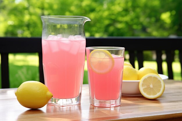 Verres pleins et vides de limonade rose sur une table de patio