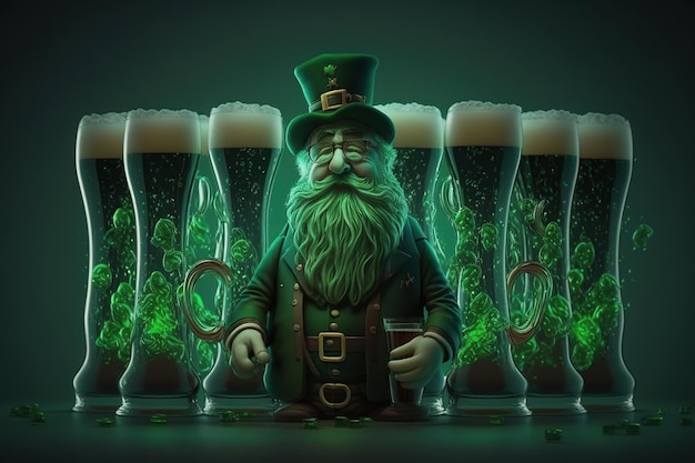 Verres rafraîchissants de bière verte avec lutin