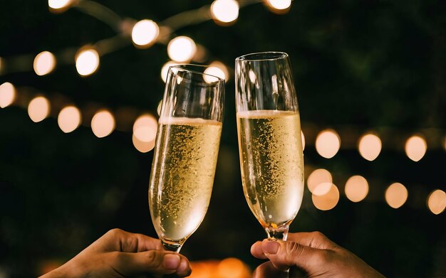 Photo des verres remplis de champagne effervescent scintillent sous une canopée de lumières étincelantes.