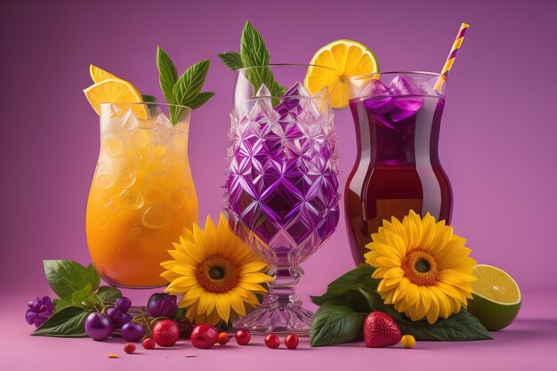 Verres de sangria avec des fruits et des baies sur un fond de couleur solide