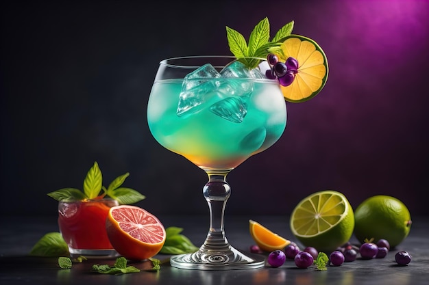 Verres de sangria avec des fruits et des baies sur un fond de couleur unie ai génératif