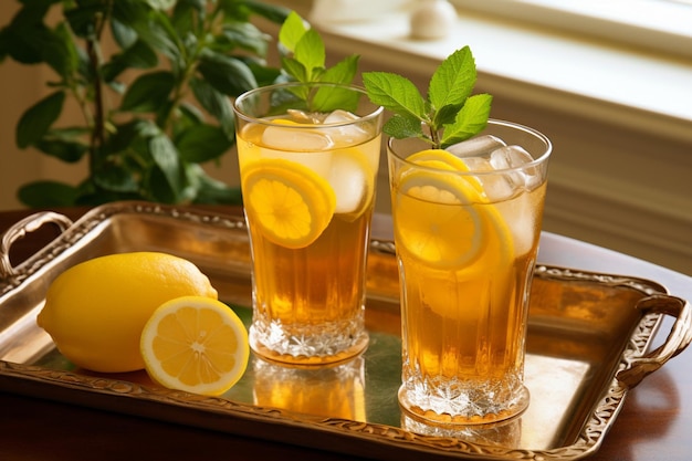 Des verres de thé glacé disposés sur un plateau avec des tranches de citron et des brindilles de menthe