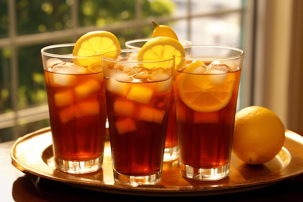 Des verres de thé glacé disposés sur un plateau avec des tranches de citron et des brindilles de menthe