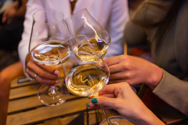 Verres trinquant avec de l'alcool et grillage, fête.