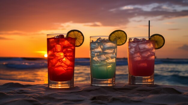 Des verres avec trois cocktails différents sur la plage