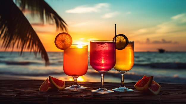 Des verres avec trois cocktails différents sur la plage