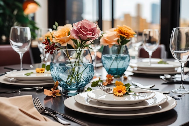 Verres de vaisselle couteau fourchette à fleurs servi pour le dîner dans un restaurant à l'intérieur confortable