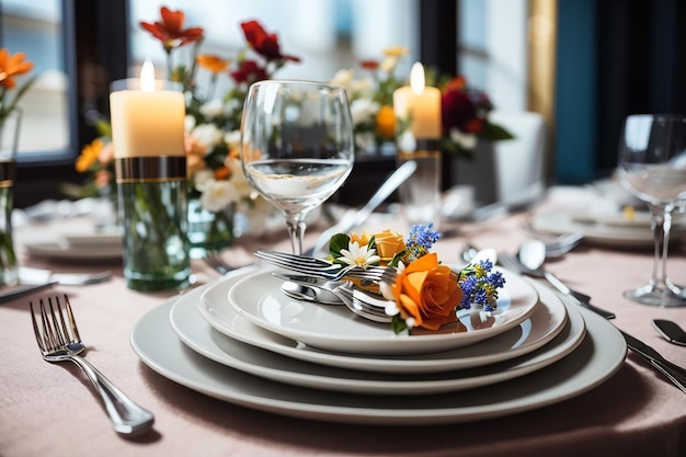 Verres de vaisselle couteau fourchette à fleurs servi pour le dîner dans un restaurant à l'intérieur confortable