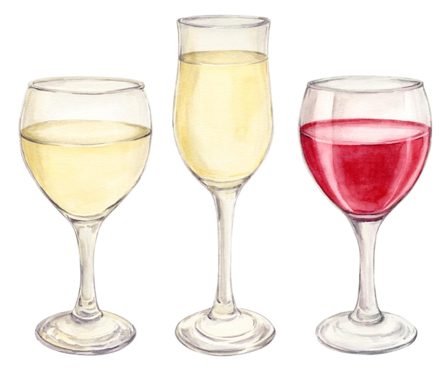 Verres à vin à l'aquarelle Champagne peint à la main de haute qualité vin blanc et rouge Clipart pour les histoires de vin dégustations Illustration pour la liste des vins du menu du restaurant