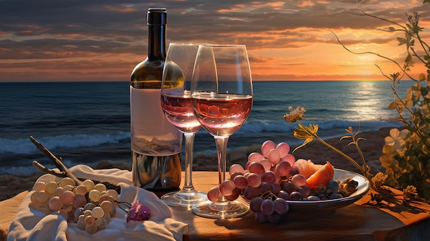 verres de vin blanc et un beau coucher de soleil sur la plage