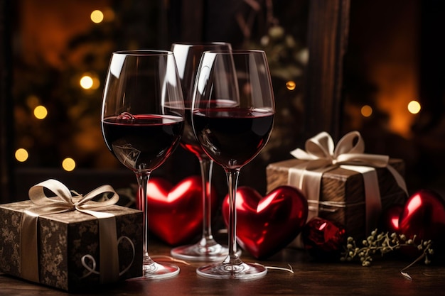 Des verres à vin avec des cadeaux et un cœur.