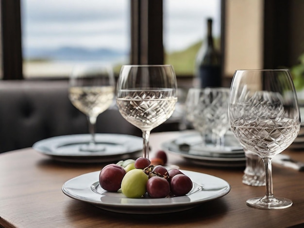 verres de vin clairs à côté de l'assiette sur la table