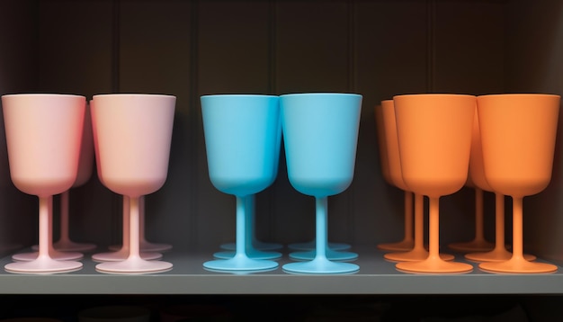 Verres à vin colorés en rose, bleu et orange. Plats multicolores au bar de la cuisine